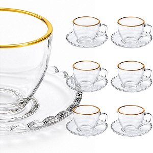 Jogo 6 Xícaras Vidro Com Pires Borda De Ouro 100ml Café Chá
