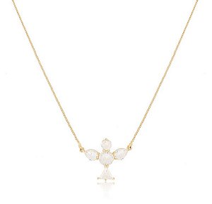 GARGANTILHA COM PINGENTE ESPÍRITO SANTO PEDRAS FUSION CRISTAL BANHADO A OURO 18K