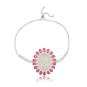 PULSEIRA NOSSA SENHORA DAS GRAÇAS TRABALHADA EM CRISTAIS COR RUBI E ROSA E ZIRCÔNIAS