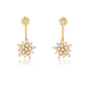BRINCO EARJACKET FLOR ZIRCÔNIAS CRISTAIS BANHADO A OURO 18K
