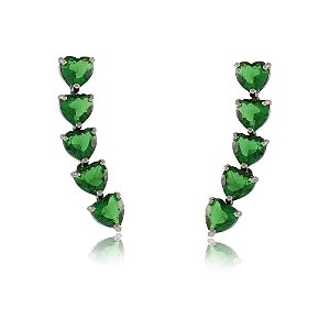 BRINCO EARCUFF CORAÇÕES CRISTAIS COR ESMERALDA BANHADO EM RÓDIO NEGRO