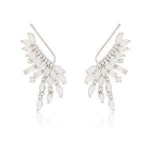 BRINCO EARCUFF TRABALHADO EM CRISTAIS COR VELA E MICROZIRCÔNIAS COM FRANJA BANHADO EM RÓDIO BRANCO