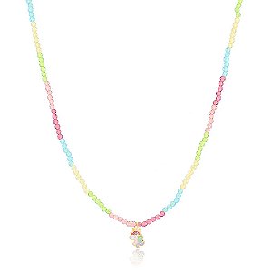 GARGANTILHA INFANTIL ZIRCÔNIAS RONDEL CANDY COLORS COM PINGENTE CABEÇA DE UNICÓRNIO COLORIDO EM RESINA
