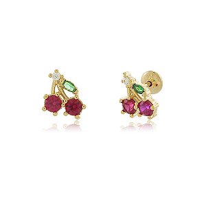 BRINCO CEREJAS ZIRCÔNIAS RUBI, ESMERALDA E CRISTAL COM TARRACHA BABY