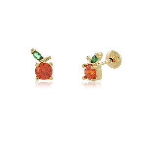 BRINCO LARANJINHA ZIRCÔNIAS LARANJA E ESMERALDA  COM TARRACHA BABY