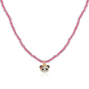 GARGANTILHA INFANTIL ZIRCÔNIAS ROSA NEON COM PINGENTE PANDA COLORIDO EM RESINA