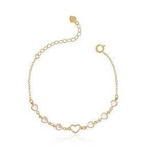 PULSEIRA INFANTIL CORAÇÕES ZICÔNIAS ROSA BANHADA A OURO 18K