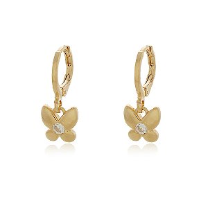 BRINCO DE ARGOLA COM PINGENTE BORBOLETA DETALHE ZIRCÔNIA BANHADO A OURO 18K