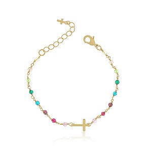 PULSEIRA RELIGIOSA COM CRUCIFIXO E ZIRCÔNIAS COLORIDAS BANHADA A OURO 18K