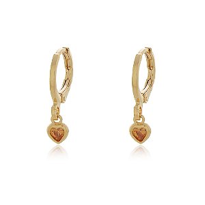 BRINCO DE ARGOLA COM PINGENTE CORAÇÃO CRISTAL COR ROSA