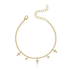 PULSEIRA RELIGIOSA CRUCIFIXO E ZIRCÔNIAS BANHADA A OURO 18K