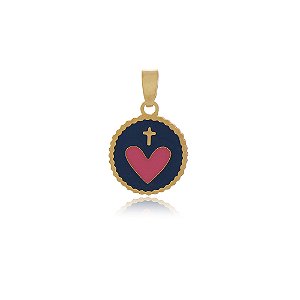 PINGENTE MEDALHA CORAÇÃO ROSA E CRUZ COLORIDO EM RESINA