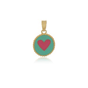 PINGENTE MEDALHA CORAÇÃO ROSA E TURQUESA COLORIDO EM RESINA