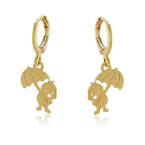 BRINCO ARGOLA PATINHO COM GUARDA CHUVA BANHADO A OURO 18K