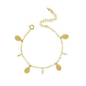 PULSEIRA INFANTIL COM MEDALHAS NOSSA SENHORA DAS GRAÇAS, NOSSA SENHORA APARECIDA, SANTA TERESINHA E SANTA RITA DE CÁSSIA E PÉROLAS