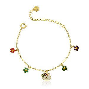 PULSEIRA INFANTIL GATINHA FLORES COLORIDAS EM RESINA