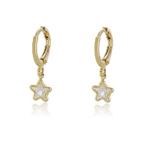 BRINCO DE ARGOLA COM PINGENTE ESTRELA ZIRCÔNIA CRISTAL BANHADO A OURO 18K