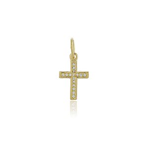 PINGENTE CRUCIFIXO TRABALHADO EM MICROZICÔNIAS BANHADO A OURO 18K