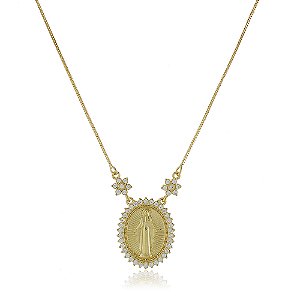 GARGANTILHA COM MEDALHA NOSSA SENHORA DAS GRAÇAS TRABALHADA EM MICROZIRCÔNIAS CRISTAIS BANHADA A OURO 18K