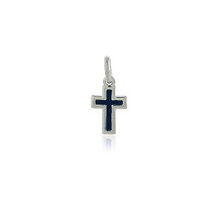 PINGENTE CRUCIFIXO PEQUENO COLORIDO EM RESINA MARINHO BANHADO EM RÓDIO BRANCO