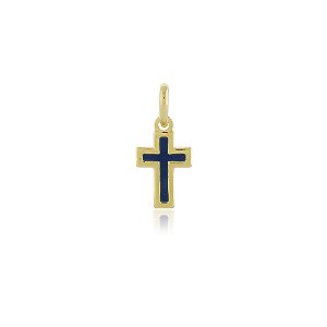 PINGENTE CRUCIFIXO PEQUENO COLORIDO EM RESINA MARINHO BANHADO A OURO 18K