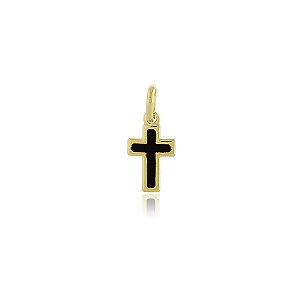 PINGENTE CRUCIFIXO PEQUENO COLORIDO EM RESINA PRETA BANHADO A OURO 18K