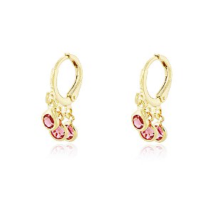 BRINCODE ARGOLA COM 3 PINGENTES CRISTAIS COR ROSA BANHADO A OURO 18K