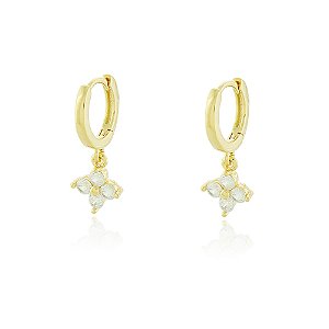 BRINCO DE ARGOLA COM PINGENTE FLORZINHA ZIRCÔNIA CRISTAL BANHADO A OURO 18K