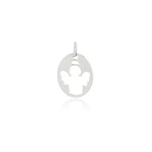 PINGENTE MEDALHA OVAL ANJO BANHADO EM RÓDIO BRANCO