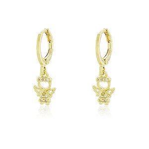 BRINCO DE ARGOLA COM PINGENTE ANJO TRABALHADO EM ZIRCÔNIA CRISTAL