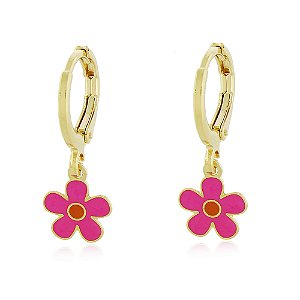 BRINCO ARGOLA FLORZINHA NEON COLORIDA EM RESINA