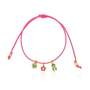 PULSEIRA INFANTIL CORDÃO ROSA PINGENTES NOSSA SENHORA DAS GRAÇAS