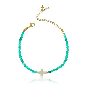 PULSEIRA ADULTO JADE COR AMAZONITA COM CRUCIFIXO MADREPÉROLA