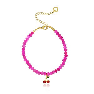 PULSEIRA INFANTIL JADE COR PINK COM PINGENTE CEREJA
