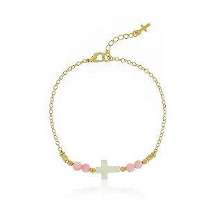 PULSEIRA INFANTIL MADREPÉROLA NATURAL E ROSA COM CRUCIFIXO