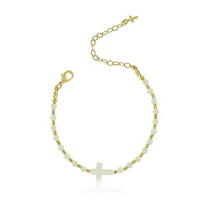 PULSEIRA INFANTIL MADREPÉROLA CRUCIFIXO E PÉROLA SHELL