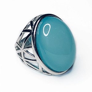 ANEL ÁGATA AZUL RÓDIO BRANCO - Nº 16