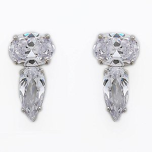 BRINCO ZIRCÔNIAS CRISTAIS OVAL E GOTA BANHADO EM RÓDIO BRANCO