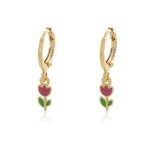 BRINCO DE ARGOLA COM PINGENTE TULIPA ROSA