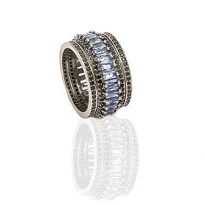 ANEL MICROZIRCÔNIAS E CRISTAIS COR TANZANITA BANHADO EM RÓDIO NEGRO