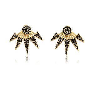 BRINCO EARJACKET RAIOS TRABALHADO EM MICROZIRCÔNIAS COR ÔNIX E BANHADO A OURO 18K