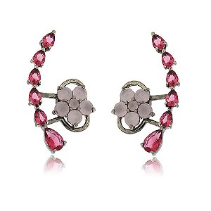 BRINCO EARJACKET FLOR CRISTAL ROSA LEITOSO E PINK BANHADO EM RÓDIO NEGRO