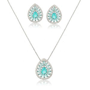 CONJUNTO BRINCOS E GARGANTILHA COM PINGENTE GOTA TRABALHADA EM ZIRCÔNIAS CRISTAIS E CRISTAL FUSION COR TURMALINA