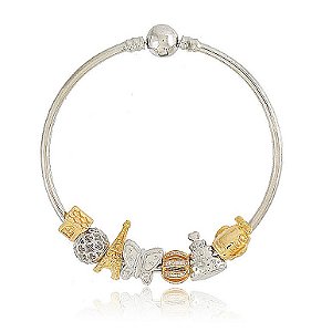 PULSEIRA RÍGIDA BANHADA EM RÓDIO BRANCO COM BERLOQUES BANHADOS A OURO 18K E RÓDIO BRANCO