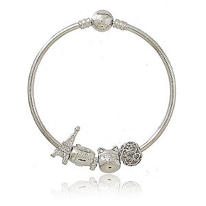 PULSEIRA RÍGIDA COM BERLOQUES BANHADA EM RÓDIO BRANCO  - 7,2 CM DIÂMETRO