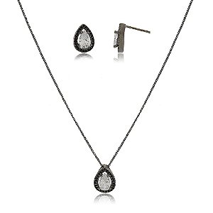 CONJUNTO DE BRINCOS E GARGANTILHA COM PINGENTE TRABALHADOS EM MICROZIRCÔNIAS COR ÔNIX E GOTA ZIRCÔNIA CRISTAL