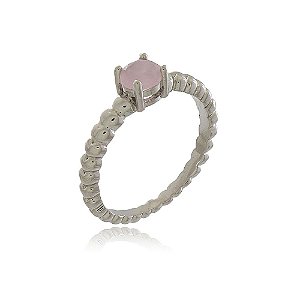 ANEL COMPOSIÇÃO RELEVO BOLINHAS E CRISTAL COR ROSA LEITOSA BANHADO EM RÓDIO BRANCO