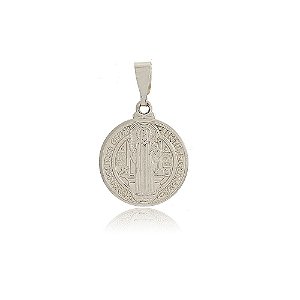PINGENTE MEDALHA DE SÃO BENTO COM 1,5 CM DE DIÂMETRO BANHADO EM RÓDIO BRANCO