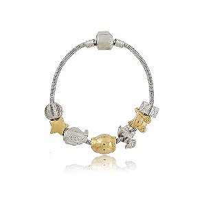 PULSEIRA 18 CM BANHADA EM RÓDIO BRANCO COM BERLOQUES BANHADOS A OURO 18K E RÓDIO BRANCO