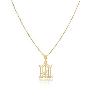GARGANTILHA VENEZIANA COM PINGENTE GAIOLA E PASSARINHO BANHADA A OURO 18K